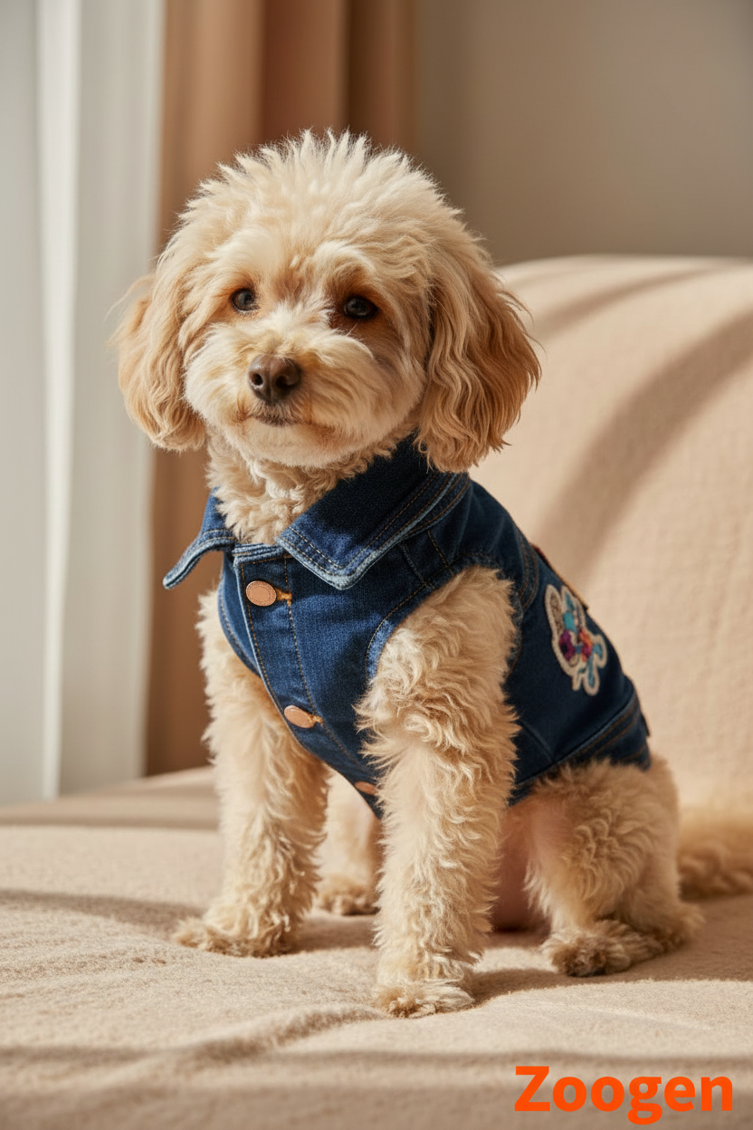 Perrito con chaleco y logo Zoogen naranja